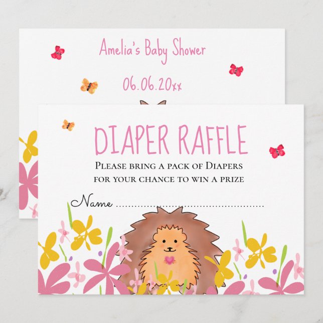 Cute Hedgehog Baby Shower Diaper Raffle  Invitation (Front/Back)