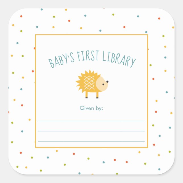 Cute Hedgehog Baby's First Library bookplate Square Sticker (Front)
