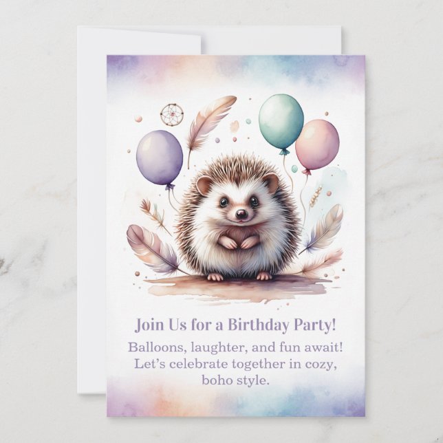 Cute Hedgehog Birthday Invitation – Woodland Boho  (Front)
