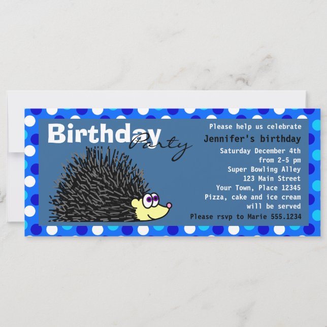 Cute Hedgehog Birthday Party Invite - Blue (Front)