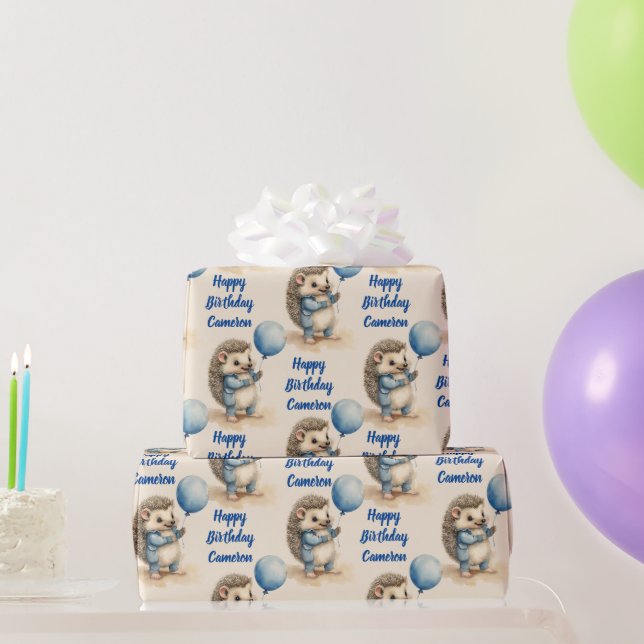 Cute Hedgehog Boys Personalised Birthday Wrapping Paper (Party Gifts)