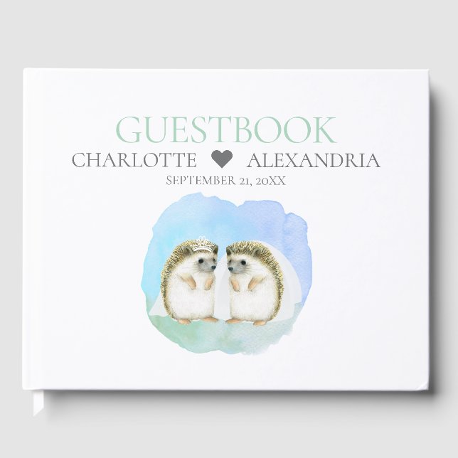 Cute Hedgehog Brides Lesbian Gay Couple Wedding Guest Book (Front)