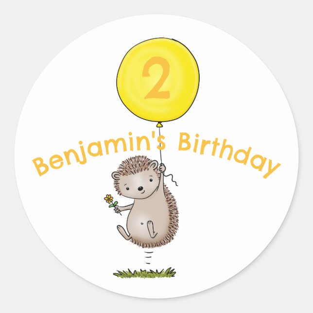 Cute hedgehog cartoon personalised birthday classic round sticker (Front)