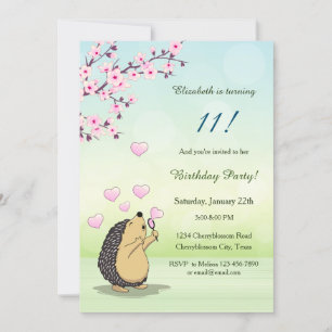 Cute Hedgehog Cherry Blossom Girl´s Birthday Invitation
