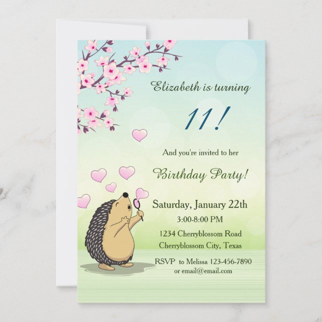 Cute Hedgehog Cherry Blossom Girl´s Birthday Invitation (Front)