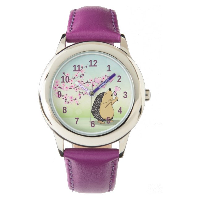 Cute Hedgehog Cherry Blossoms Pink Green Numbers W Watch (Front)