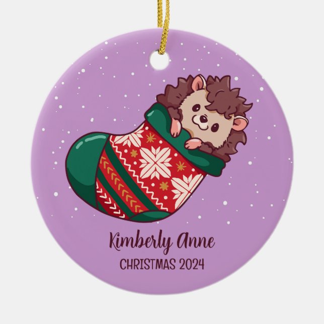 Cute Hedgehog Christmas Animal Snow Winter Holiday Ceramic Ornament (Front)