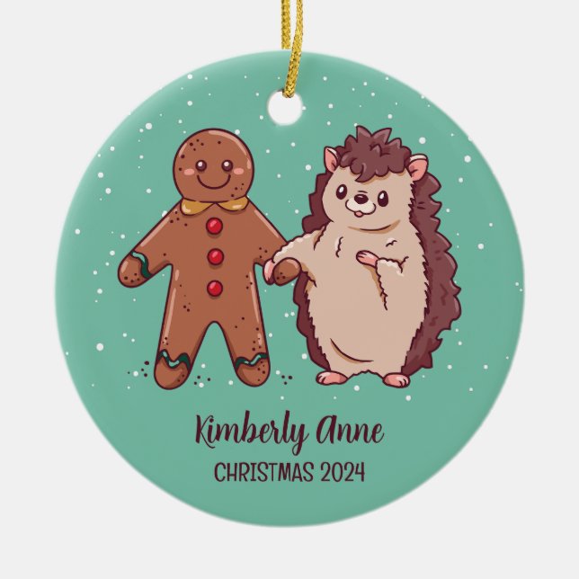 Cute Hedgehog Christmas Animal Snow Winter Holiday Ceramic Ornament (Front)