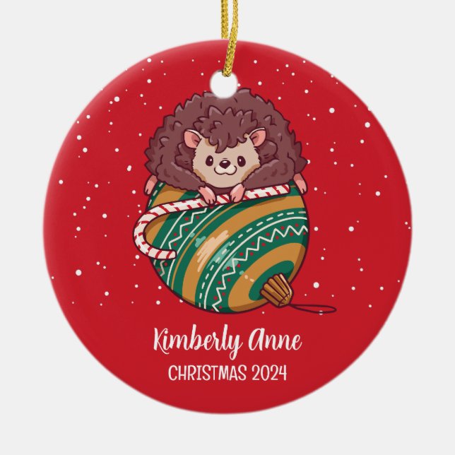 Cute Hedgehog Christmas Animal Snow Winter Holiday Ceramic Ornament (Front)