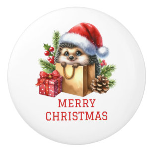 Cute Hedgehog Christmas Ceramic Knob