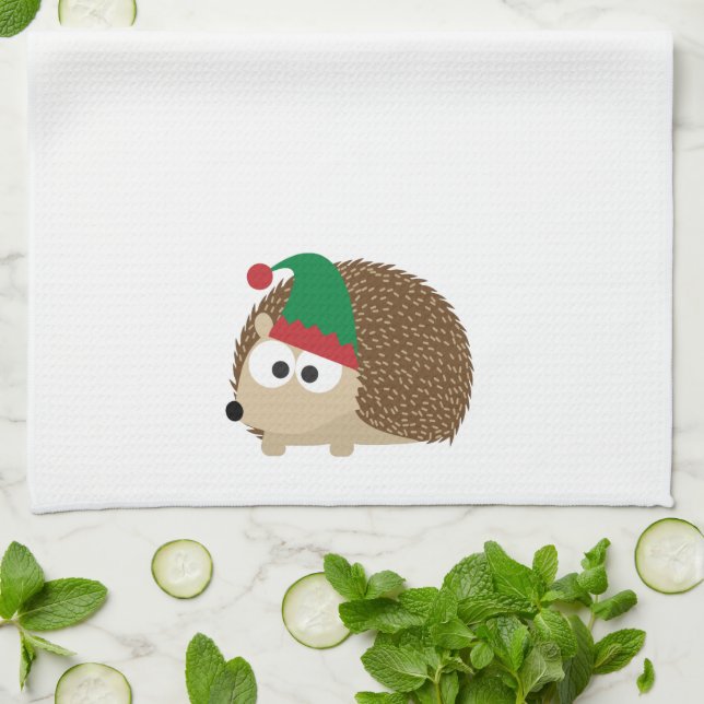 cute Hedgehog Christmas Elf Tea Towel (Folded)