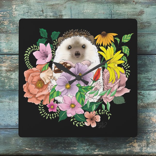 Cute Hedgehog Colorful Wildflowers Woodland Square Wall Clock (Creator Uploaded)