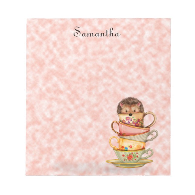 Cute Hedgehog Colourful Teacups Notepad (Front)