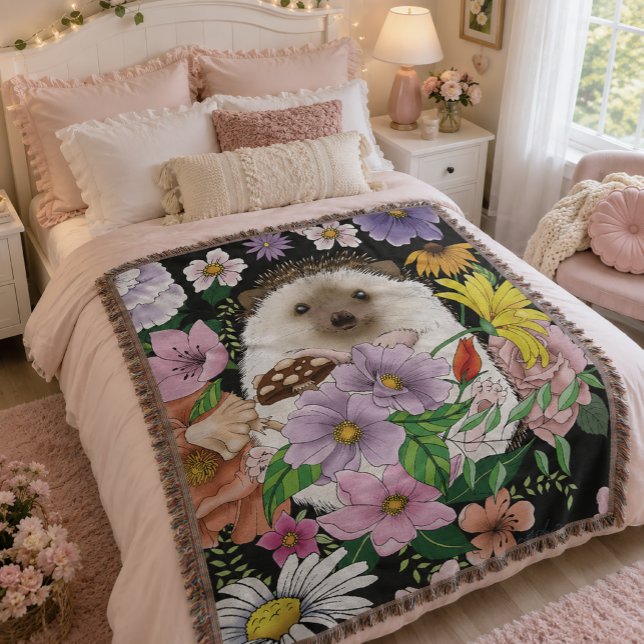 Cute Hedgehog Colourful Wildflowers Woodland Throw Blanket (Creator Uploaded)