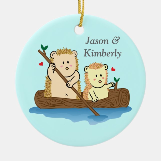 Cute Hedgehog Couple on Wooden Boat Ceramic Tree Decoration (Front)