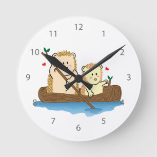 Cute Hedgehog couple sailing on wooden boat Round Clock