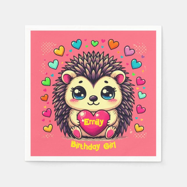 Cute Hedgehog Customisable Birthday Girl Napkin (Front)