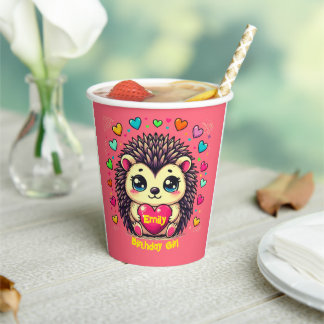 Cute Hedgehog Customisable Birthday Girl Paper Cups