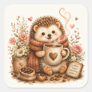 Cute Hedgehog Drinking Coffee Cosy Woodland Square Sticker