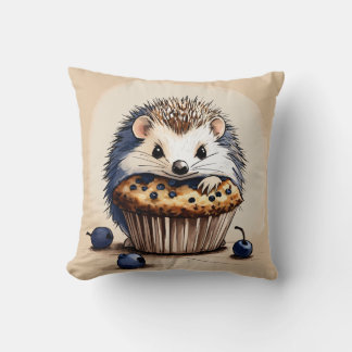 "Cute Hedgehog Enjoying a Blueberry Muffin Pillow 