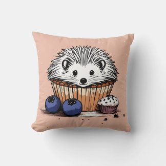 "Cute Hedgehog Enjoying a Blueberry Muffin Pillow 