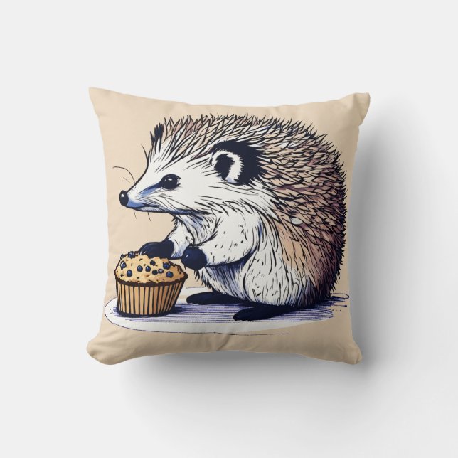 Cute Hedgehog Enjoying a Blueberry Muffin Pillow D (Front)