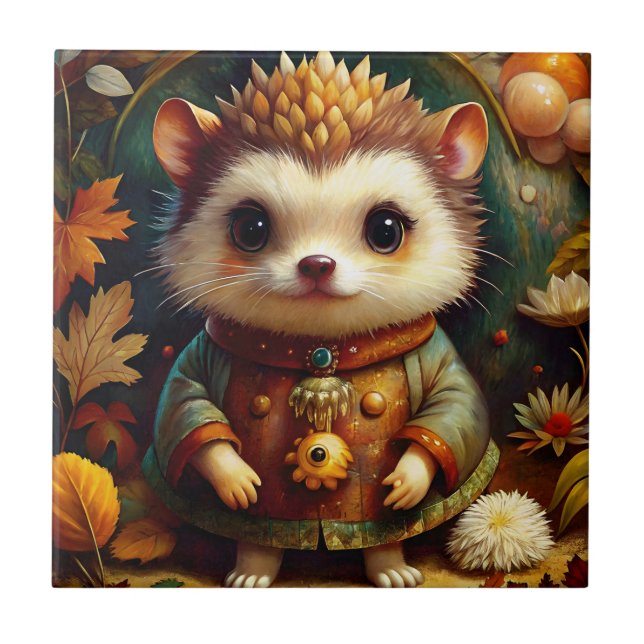 Cute hedgehog fall ceramic tile (Front)