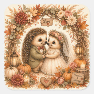 Cute Hedgehog Fall Wedding Couple Under Floral Arc Square Sticker