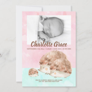 Cute Hedgehog Family New Baby Photo Personalised Announcement