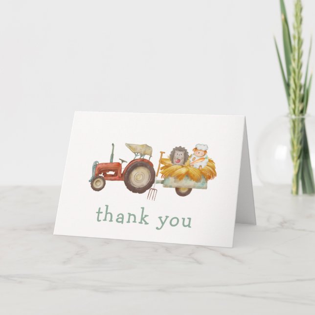 Cute Hedgehog Farm Tractor Baby Shower  Thank You Card (Front)