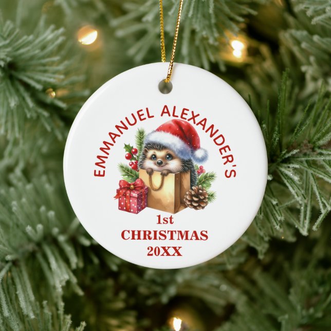 Cute Hedgehog First Christmas Personalised Ceramic Ornament (Tree)