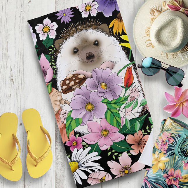 Cute Hedgehog Flowers Beach Towel (Creator Uploaded)
