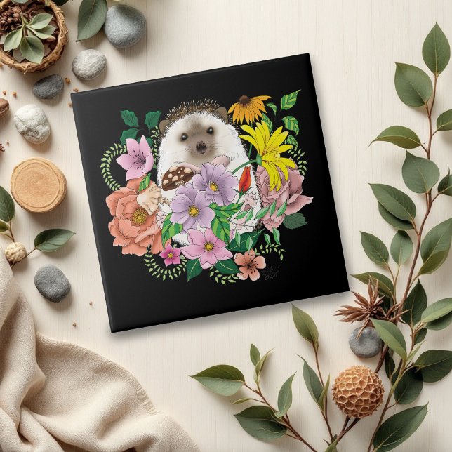 Cute Hedgehog Flowers Ceramic Tile (Creator Uploaded)