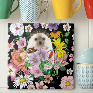 Cute Hedgehog Flowers Ceramic Tile