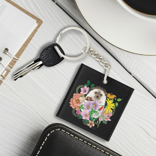 Cute Hedgehog Flowers Key Ring