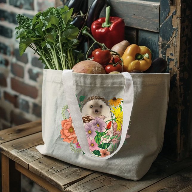 Cute Hedgehog Flowers Large Tote Bag (Creator Uploaded)