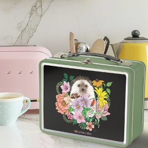 Cute Hedgehog Flowers Metal Lunch Box