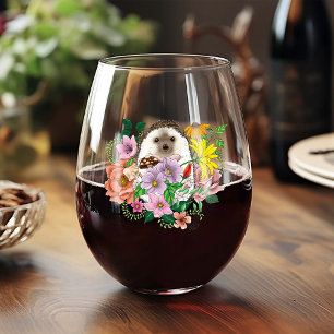 Cute Hedgehog Flowers Stemless Wine Glass