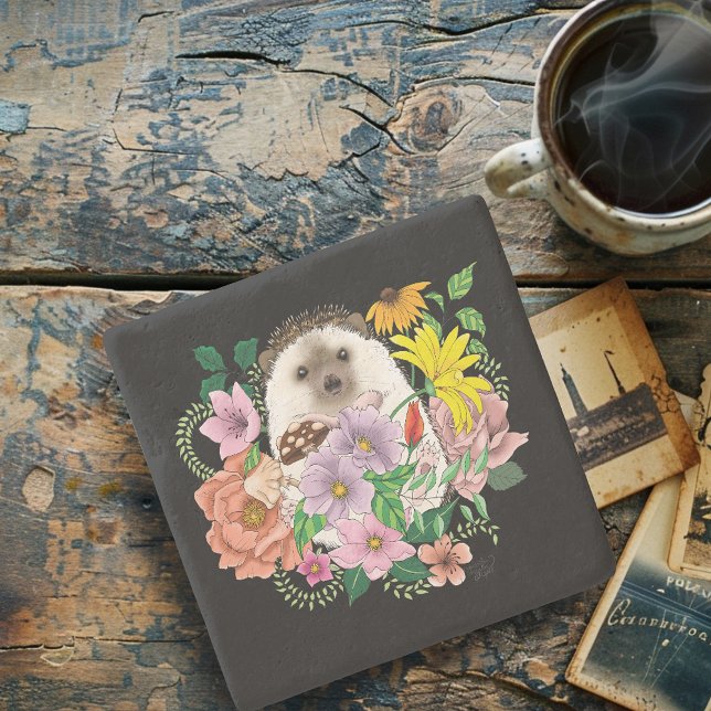 Cute Hedgehog Flowers Stone Coaster (Creator Uploaded)