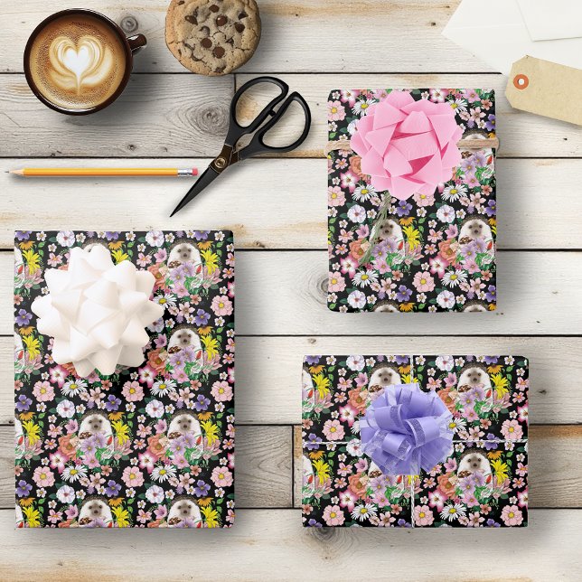 Cute Hedgehog Flowers Wrapping Paper Sheet (Creator Uploaded)