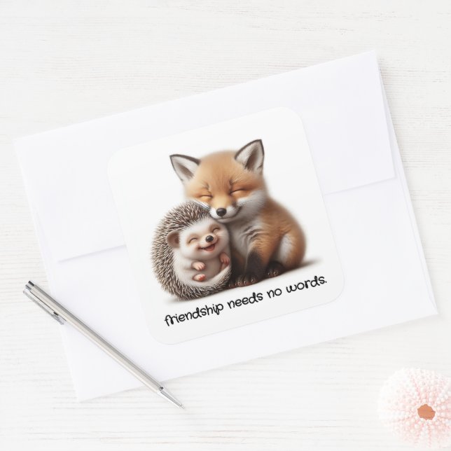 Cute Hedgehog & Fox Kit Cuddling Best Friends Square Sticker (Envelope)