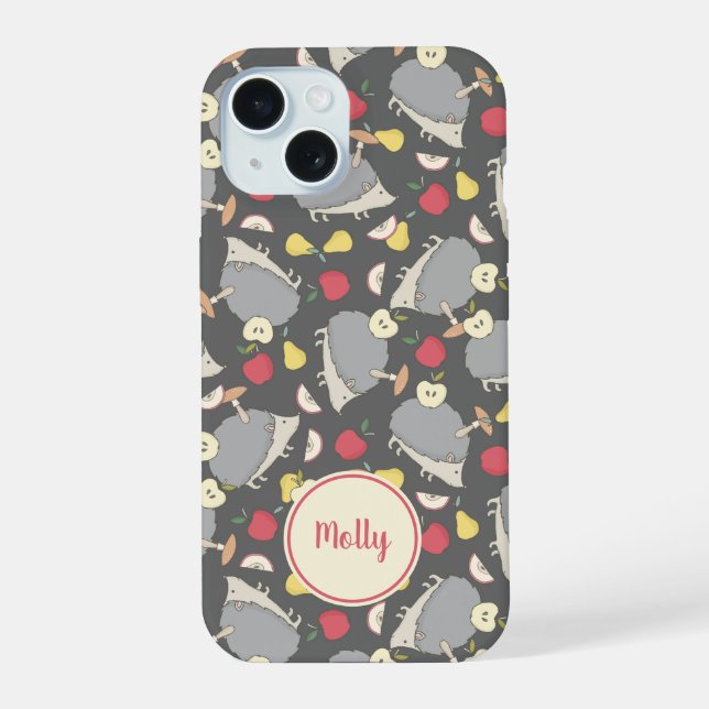 Cute Hedgehog Fruit Pattern Personalised iPhone 15 Case (Back)