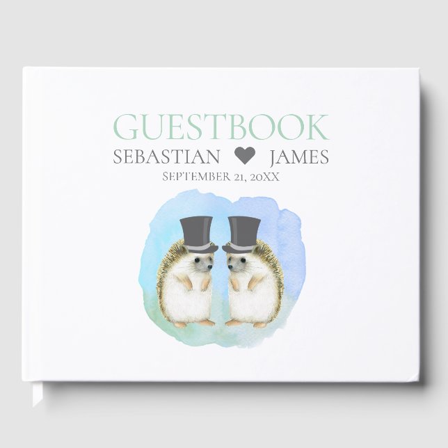 Cute Hedgehog Gay Grooms Couple Wedding Guest Book (Front)