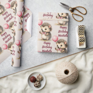 Cute Hedgehog Girls Personalised Birthday Wrapping Paper