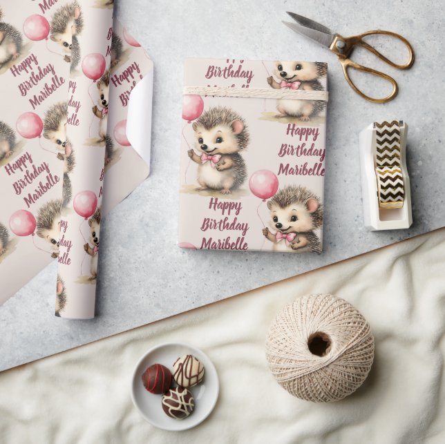 Cute Hedgehog Girls Personalised Birthday Wrapping Paper (Crafts)