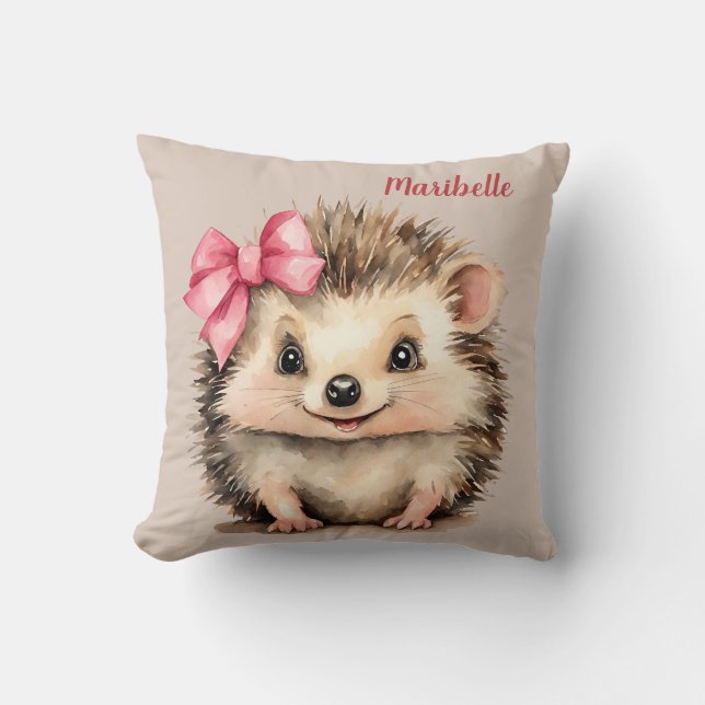 Cute Hedgehog Girls Personalised Throw Pillow (Front)