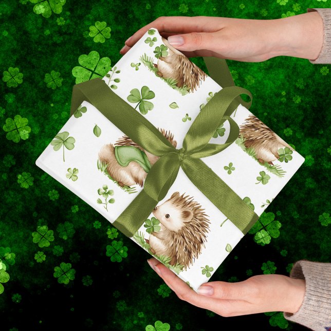 Cute Hedgehog Green Hat Shamrock St. Patrick's Day Wrapping Paper (Creator Uploaded)