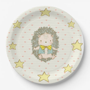 Cute Hedgehog Hearts Stars Baby Shower Paper Plate