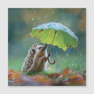 Cute hedgehog holding a leaf umbrella