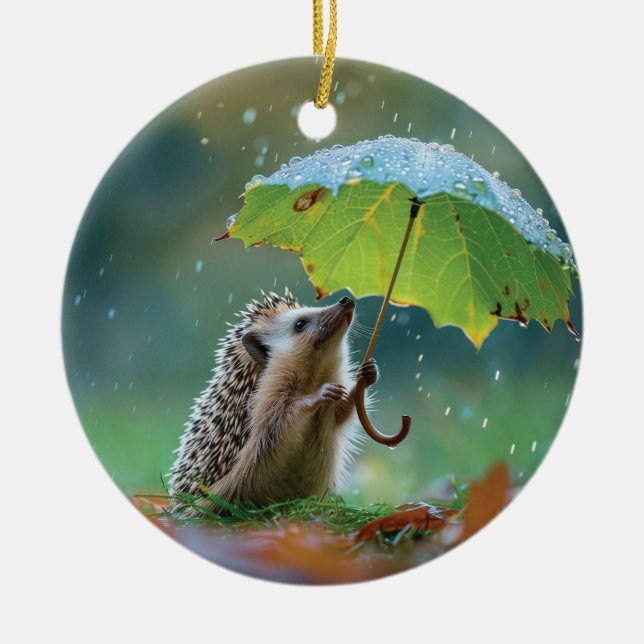 Cute hedgehog holding a leaf umbrella ceramic ornament (Front)
